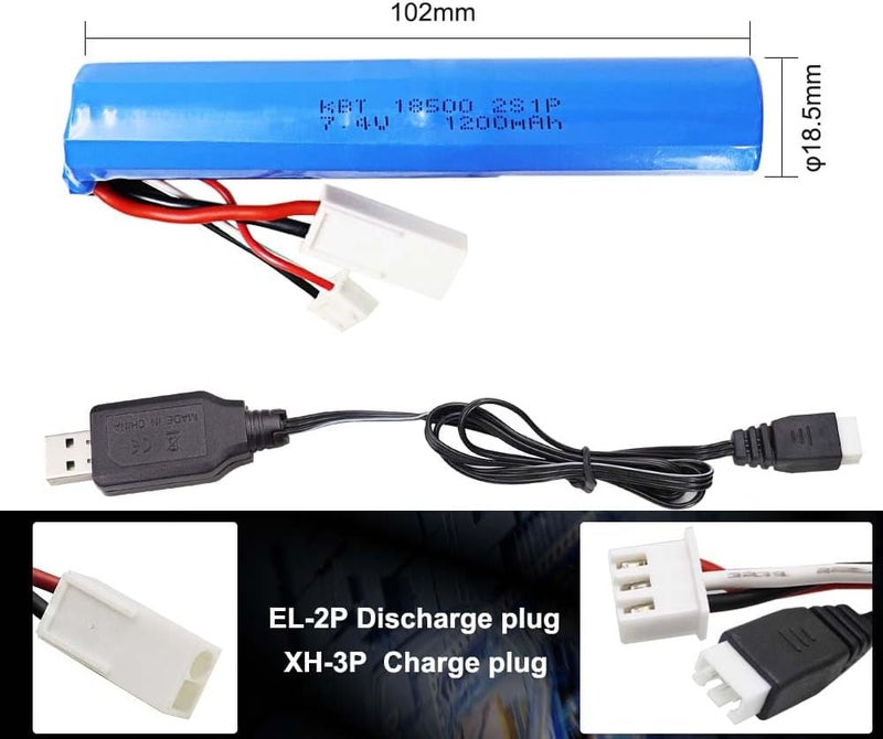 KBT KEEP BETTER TECH KBT 7.4V 1200mAh Li-ion Rechargeable Battery Pack with EL-2P Discharge Connector & XH-3P 3Pin Charging Cable Charge Plug Lithium-ion Toy Batteries Replacement for RC Car RC Boat Gel Blaster SRB 1200 - Image 2